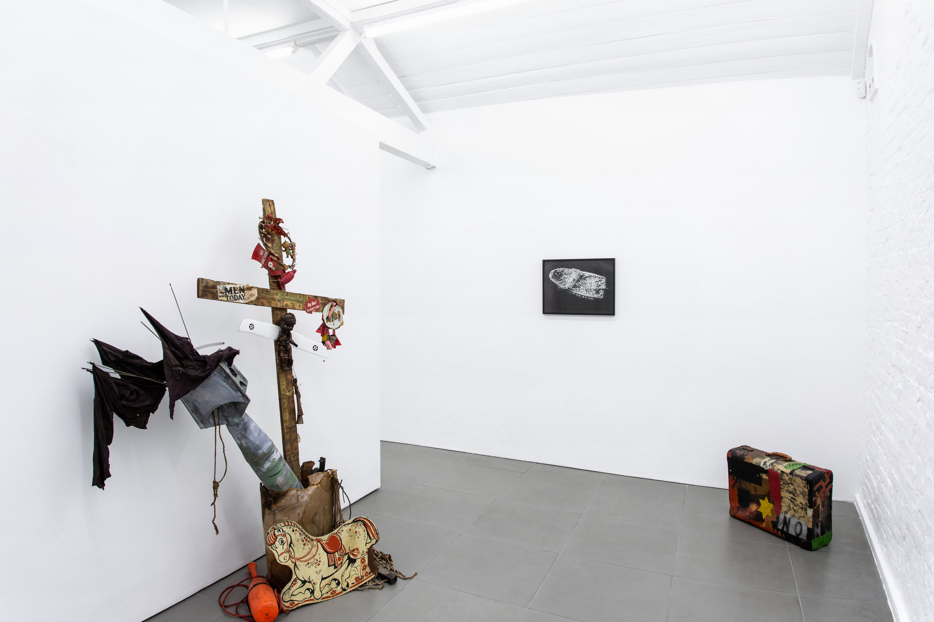 Shit and Doom - NO!art, Installation view, 2019, Cell Project Space Shit and Doom - NO!art, Installation View: Sam Goodman, 'The Bomb', 1960–61; Yayoi Kusama, 'Aggregation Boat Show', c. 1962; Boris Lurie, 'Immigrant’s NO Suitcase (Anti-Pop)', 1963, Cell Project Space, 2019