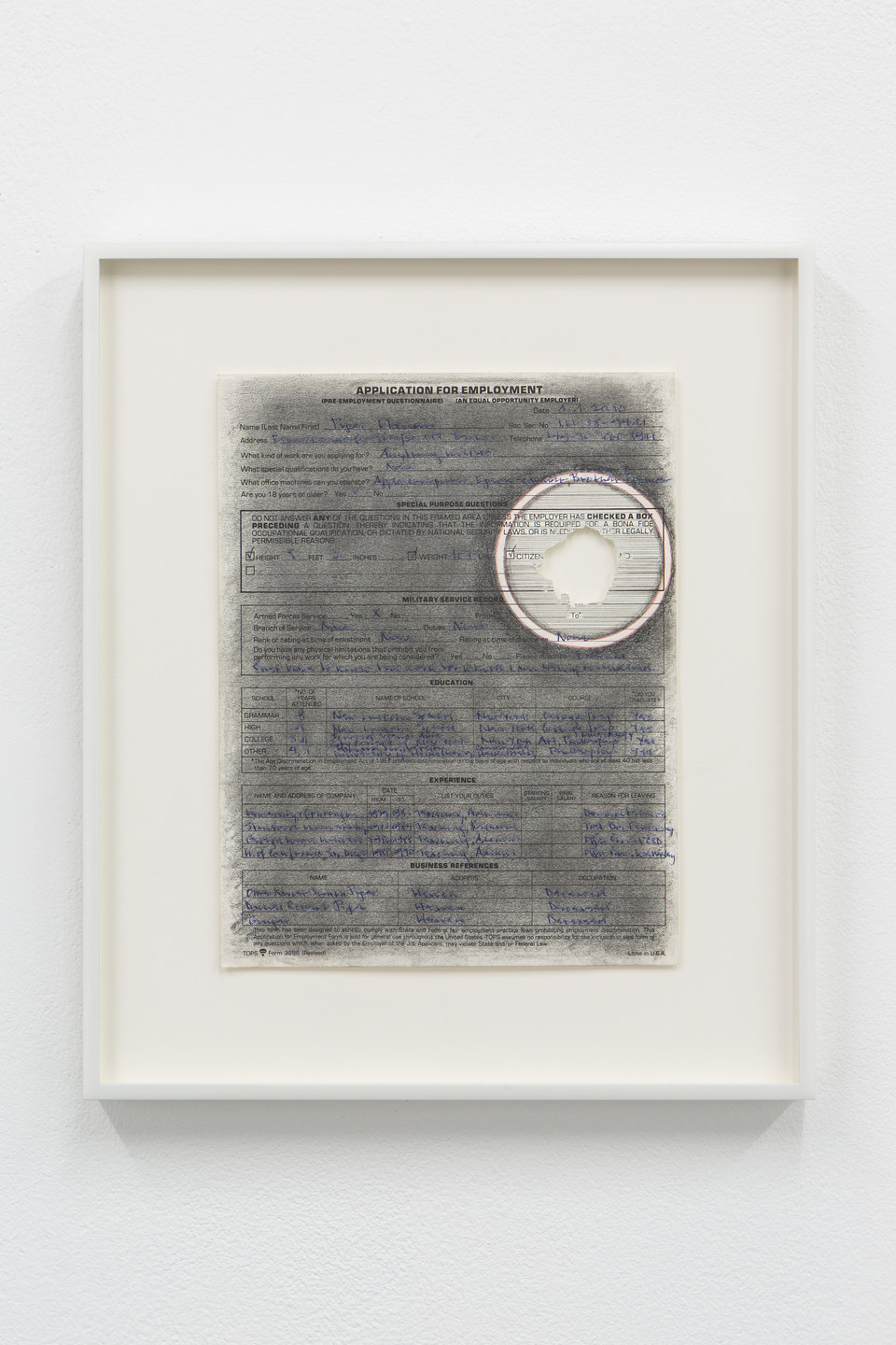 Adrian Piper, 'Vanishing Point #5', 2009, Civic Duty, 2019 Adrian Piper, 'Vanishing Point #5', 2009, Ball-pen, red ball-point pen, black graphite pencil on application for employment form, sanded with sandpaper, 27.9 x 21.6cm, Civic Duty, 2019, Cell Project Space