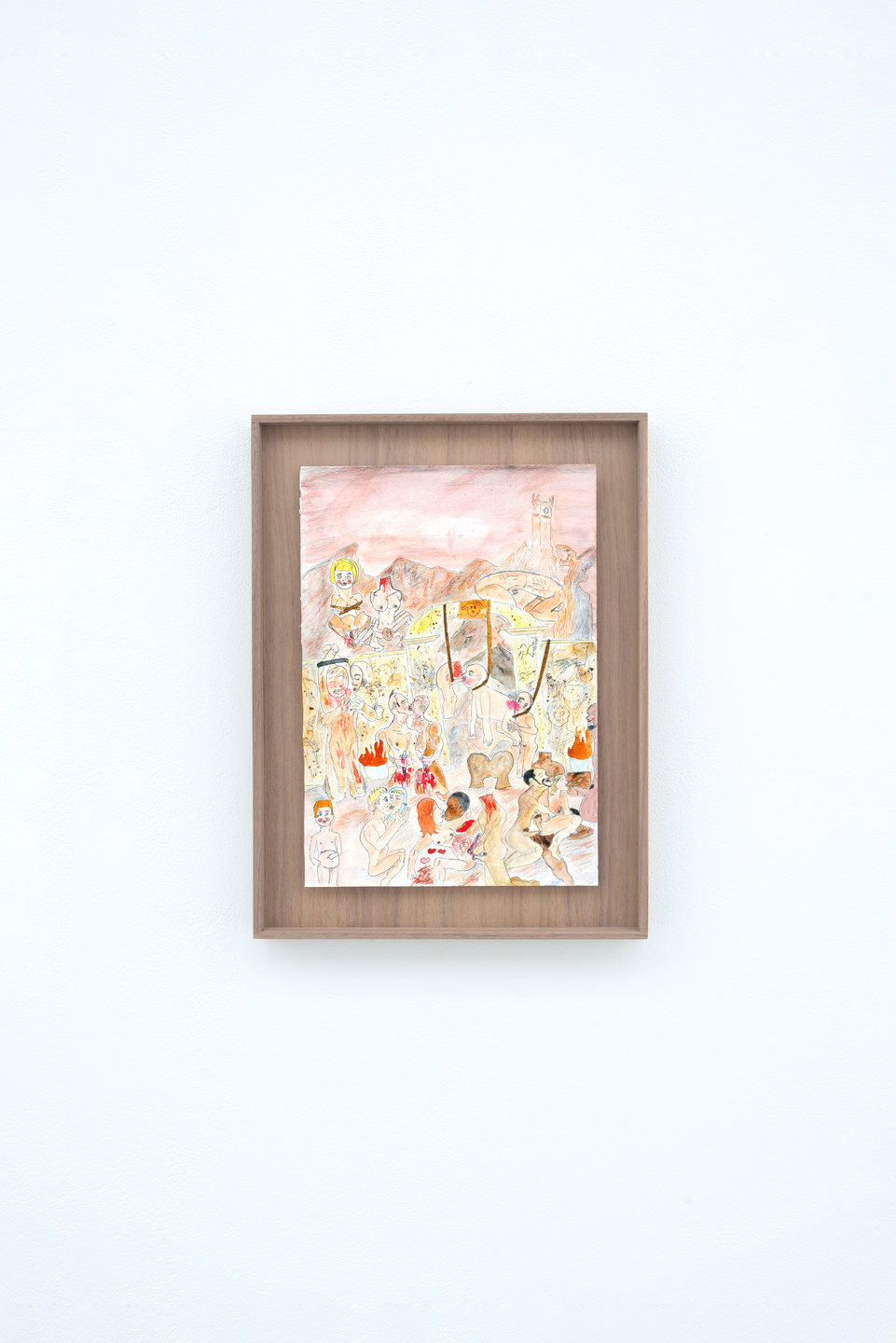 'House Party 2', 2019, detail, Nicola Frimpong watercolour, ink, (21cm x 29cm) on walnut timber tray, (28cm x 36cm x 4cm)