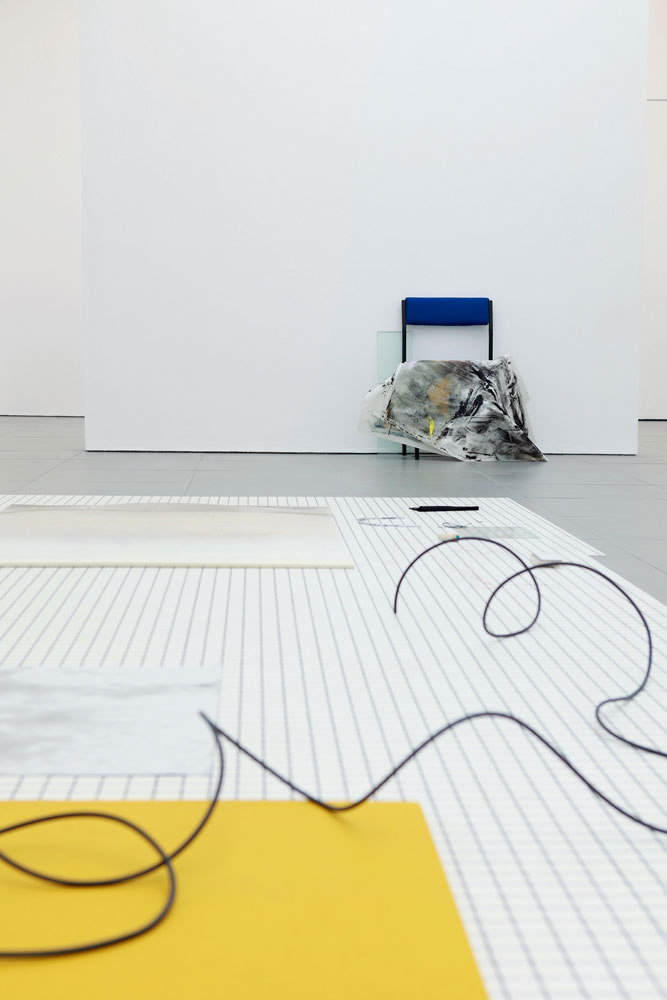 Marianne Spurr, The blue of distance, 2013 (from the series Workstations), lino, metal, emergency blanket, waxed cotton, MDF, cable, oil paint on newsprint, wire, ceramic tiles, clay, ink on acetate, plastic tubing, string, acrylic paint mould, blind, cha
