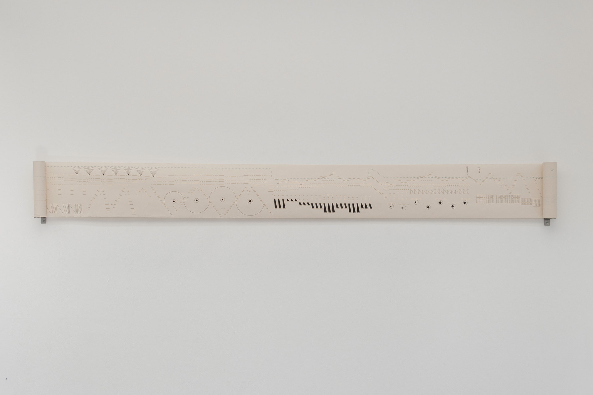 Aura Satz, Visual Score, 2012, 270 x 28.5cm ink drawing on pianola paper, stainless steel, 28.5 x 270 x 14cm, Cell Project Space