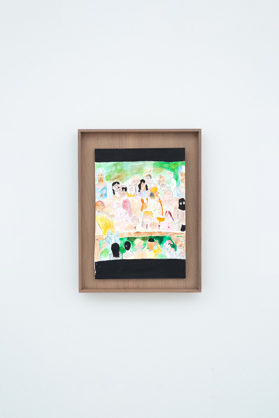 'Spectacle 2', 2017, Nicola Frimpong  watercolour, ink, (21cm x 29cm) on walnut timber tray, (28cm x 36cm x 4cm)