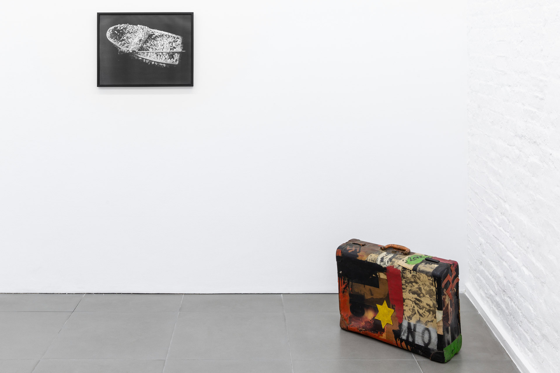 Shit and Doom - NO!art, Installation View: Yayoi Kusama, 'Aggregation Boat Show', c. 1962; Boris Lurie, 'Immigrant’s NO Suitcase (Anti-Pop)', 1963, Cell Project Space, 2019