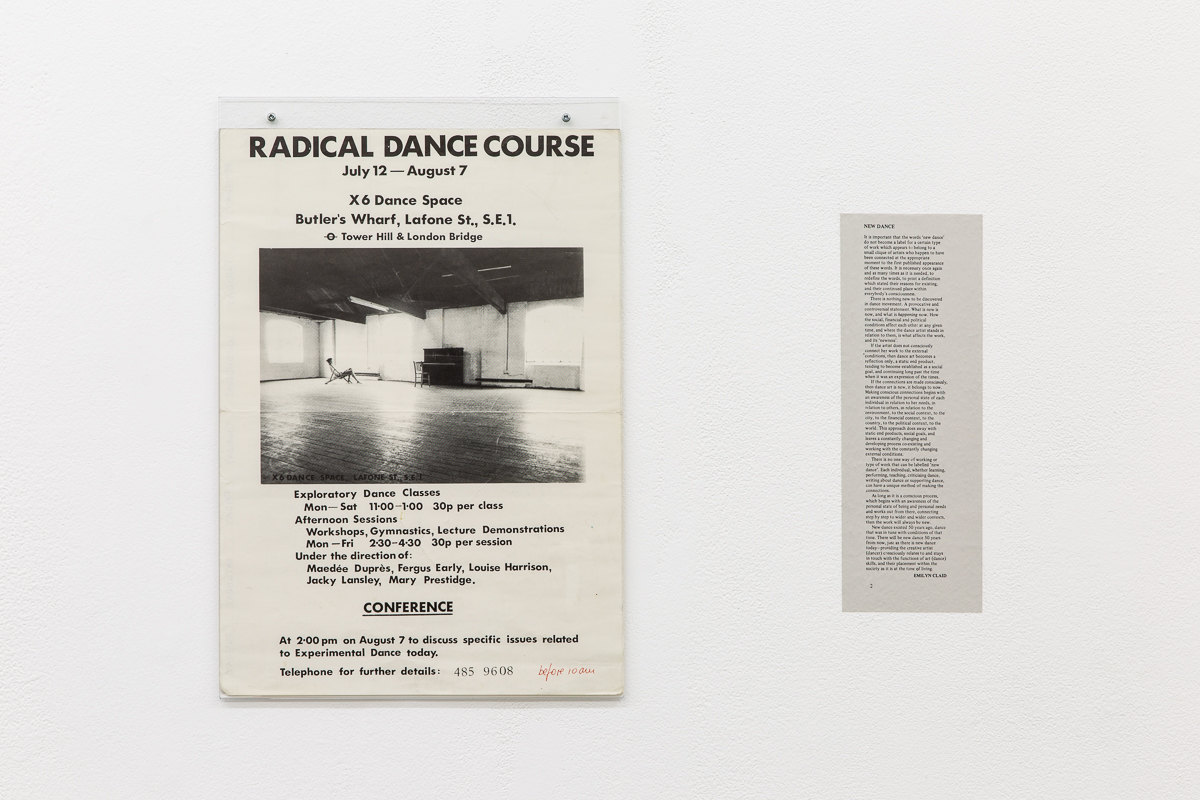 X6 Dance Space (1976-80): Liberation Notes, Installation view: Radical dance course poster, 1976, X6 Dance Space; 'New Dance', 1977, Emilyn Claid, New Dance magazine, Issue 3, p.2, Cell Project Space, 2020