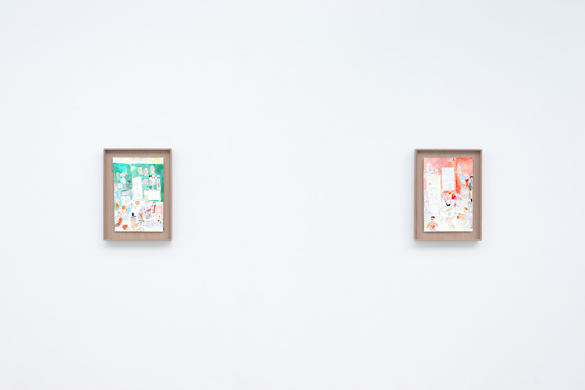 'House Party 3', 2015, 'House Party 4', 2015, Nicola Frimpong  watercolour, ink, (21cm x 29cm) on walnut timber tray, (28cm x 36cm x 4cm)
