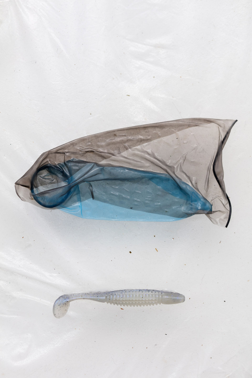 Aude Pariset, GREENHOUSES, 'Stallion Dad' [detail], Bioplastic, UV print on bioplastic, condoms, fish bait, wood, paint, 60 x 90cm, 2016, Cell Project Space