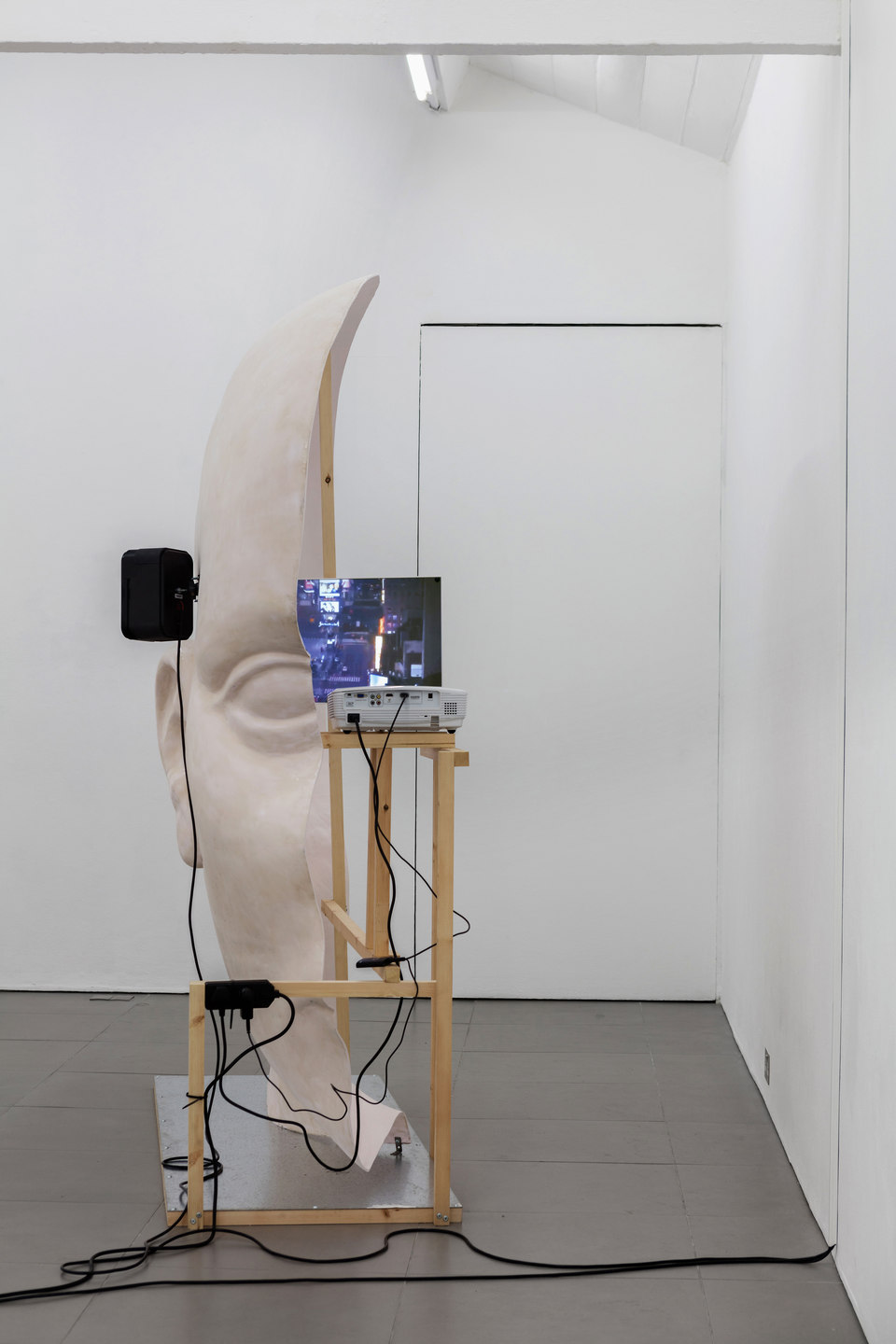 Anne de Vries, Submission, 2015, fibre glass resin, wood, perspex, metal, live stream webcams, four channel audio track: 16 mins 25 secs, dimensions variable. Cell Project Space