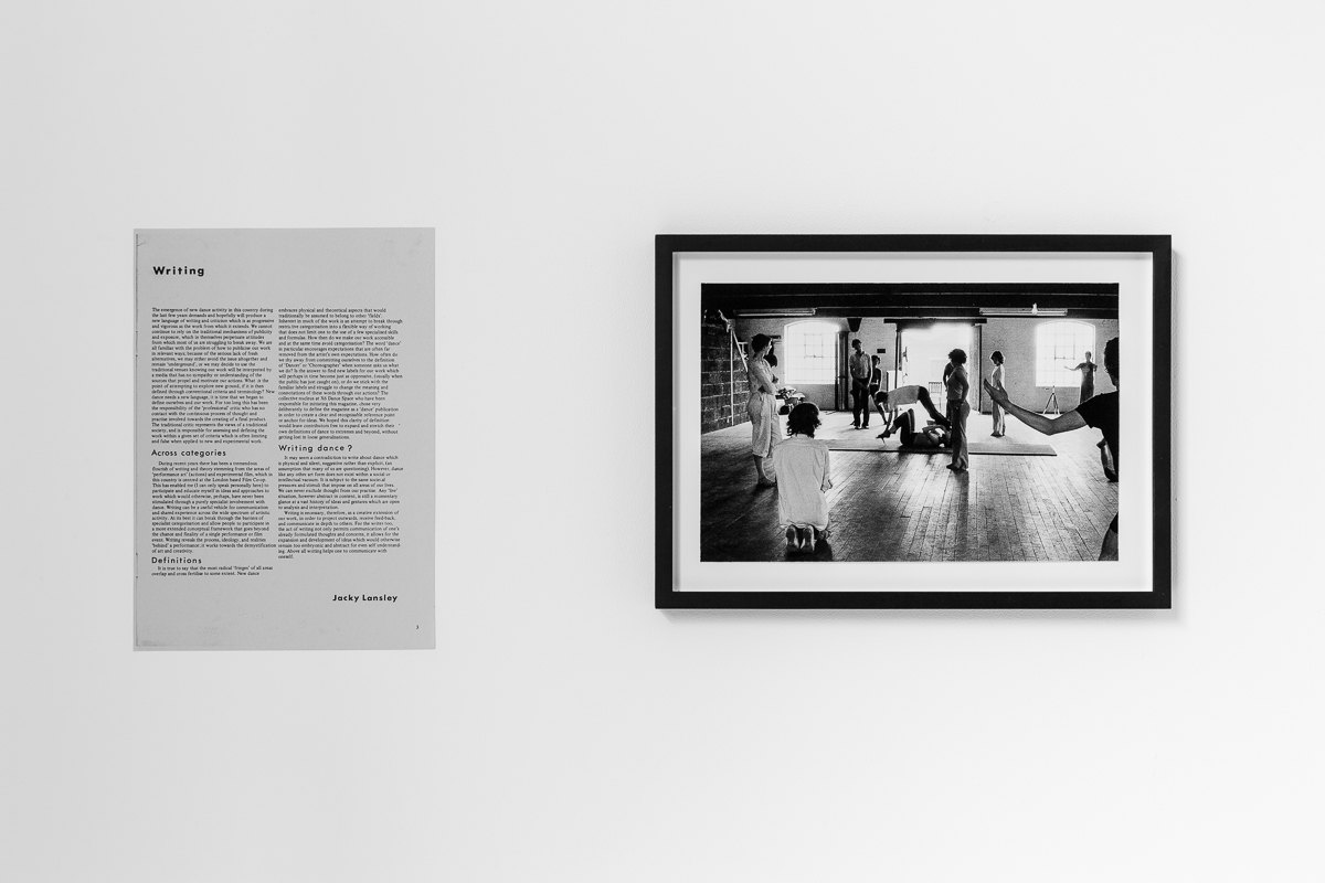 X6 Dance Space (1976-80): Liberation Notes, 'Writing', 1977, Jacky Lansley, New Dance magazine, Issue 1, p.3; Workshop at X6 Dance Space, 1976, Framed c-print, photograph by Geoff White, 35.5cm x 26cm, Cell Project Space, 2020
