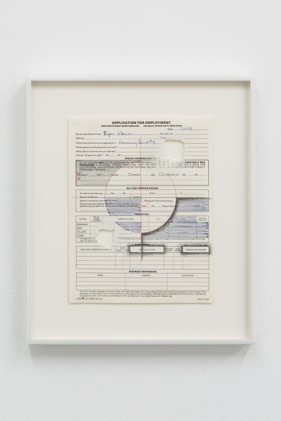 Adrian Piper, 'Vanishing Point #4', 2009, Black and red graphite pencil, blue graphite pencil on application for employment form, sanded with sandpaper, 27.9 x 21.6cm, Civic Duty, 2019, Cell Project Space