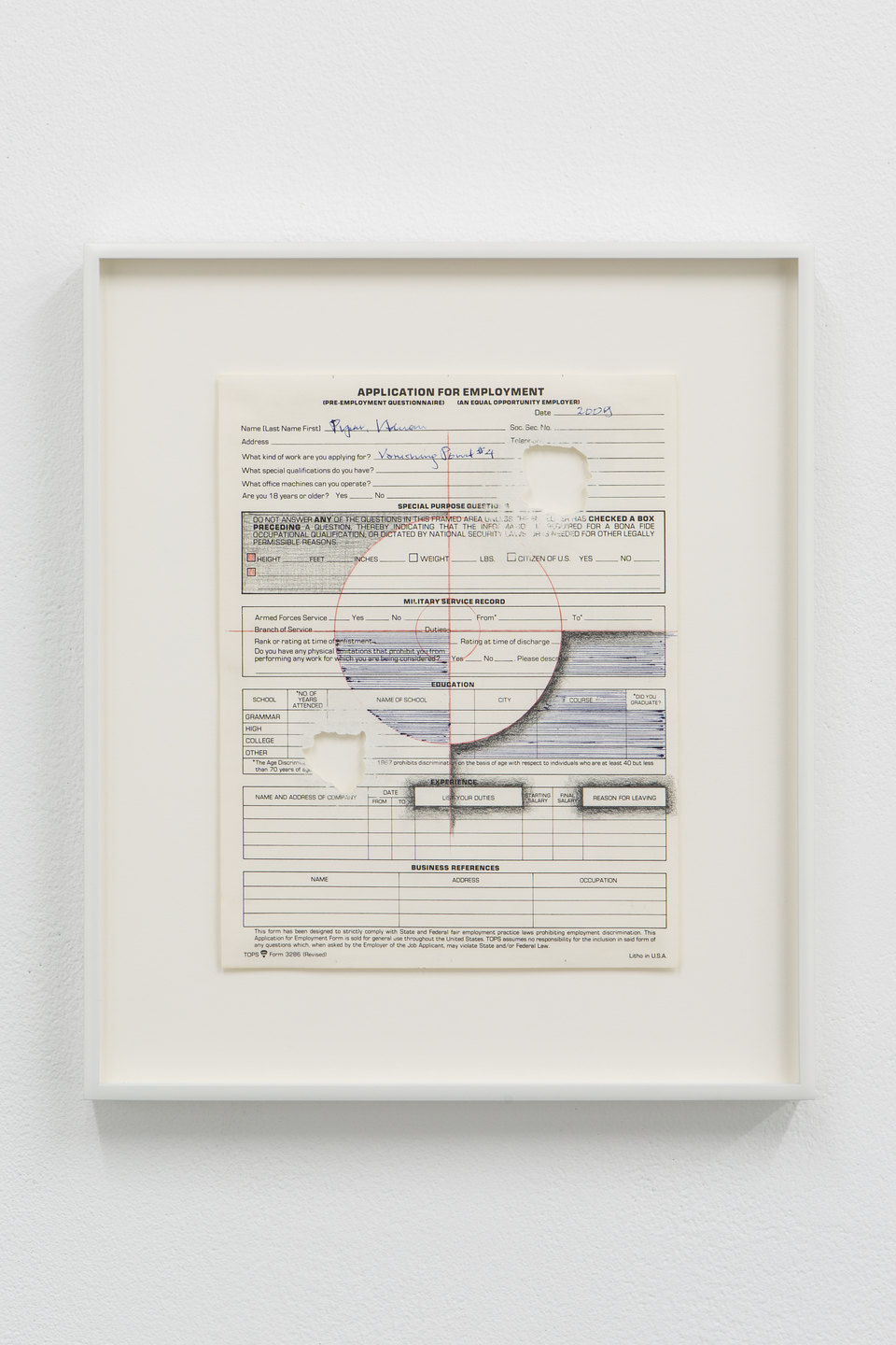 Adrian Piper, 'Vanishing Point #4', 2009, Civic Duty, 2019 Adrian Piper, 'Vanishing Point #4', 2009, Black and red graphite pencil, blue graphite pencil on application for employment form, sanded with sandpaper, 27.9 x 21.6cm, Civic Duty, 2019, Cell Project Space