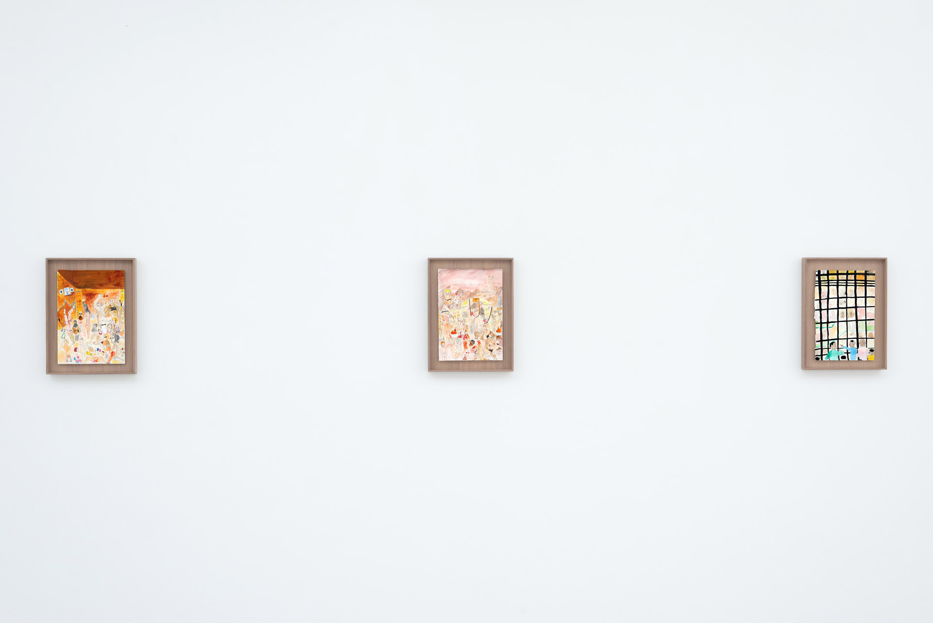 'House Party 1 & 2', 2019, 'Spectacle 1', 2022, Nicola Frimpong,  watercolour, ink, (21cm x 29cm) on walnut timber tray, (28cm x 36cm x 4cm)