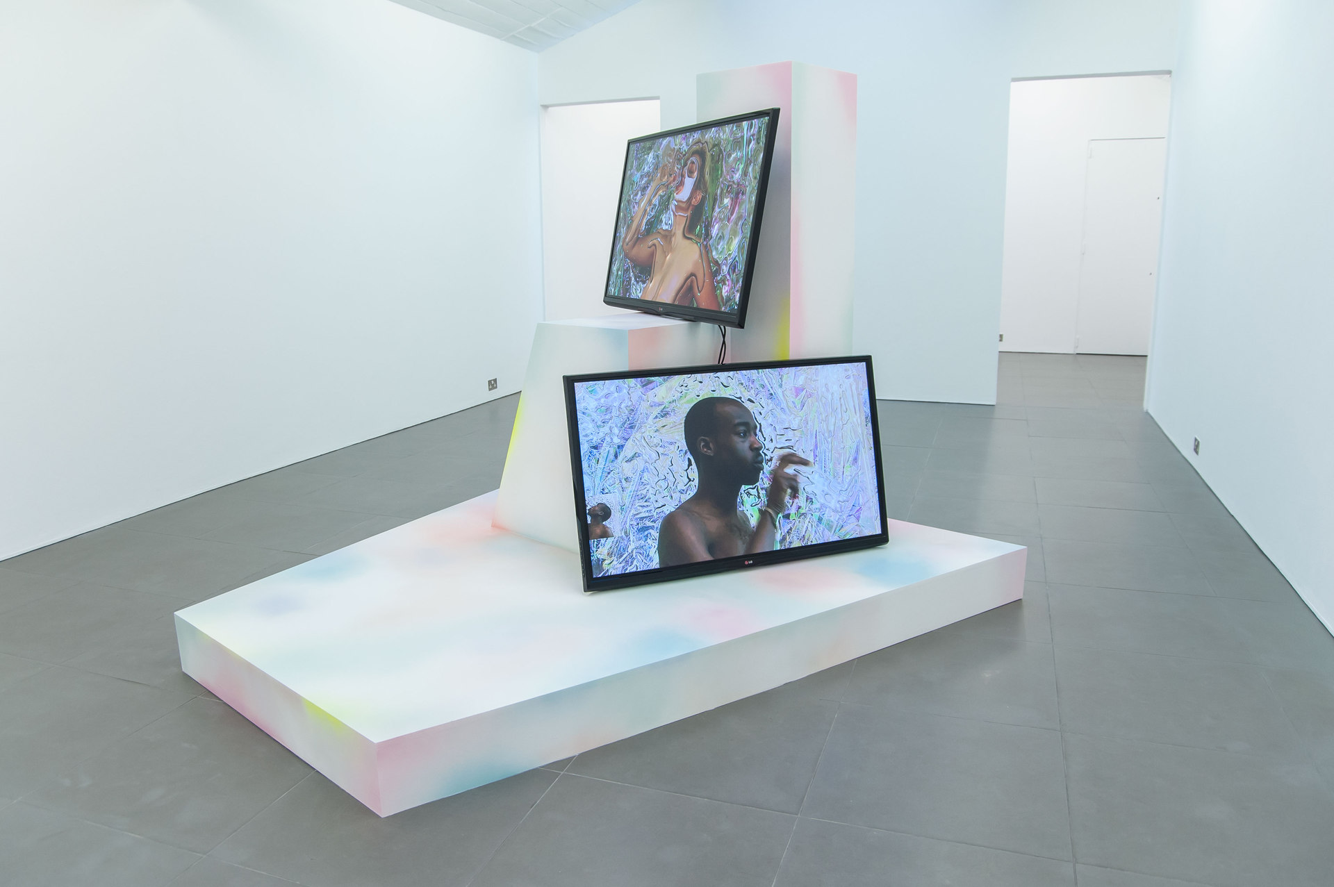 Adham Faramawy, Hydra, 2014 MDF, spray paint, (l. 237 cm x w. 232 cm x h. 188 cm), Vichy Shower, 2014, two channel video, duration: 9 minutes, 47 seconds, HYDRA, 2014, Cell Project Space