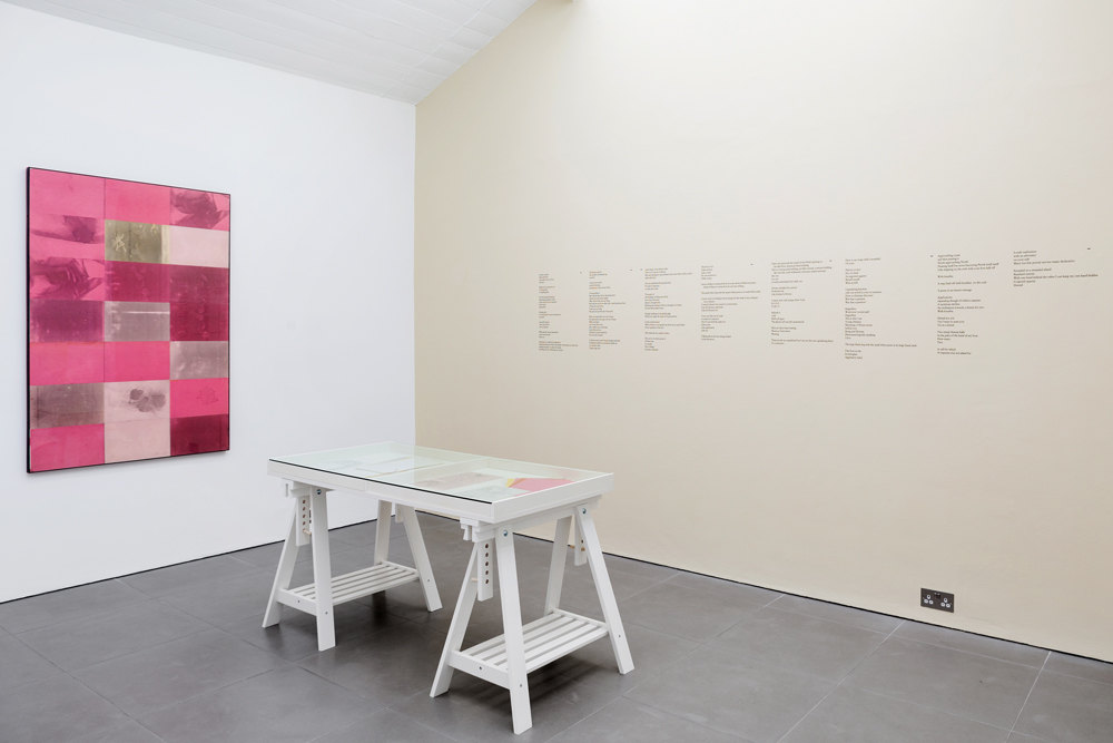 Barbara T. Smith, Pink, 1965,  Xerox prints,  150 × 100 cm vitrine: Barbara T. Smith, Rebellion, Joy, The Poetry Sets, 1965-1966  Xerox prints  Dena Yago, Standard Remote, 2011–2015  vinyl wall text, paint, Cell Project Space