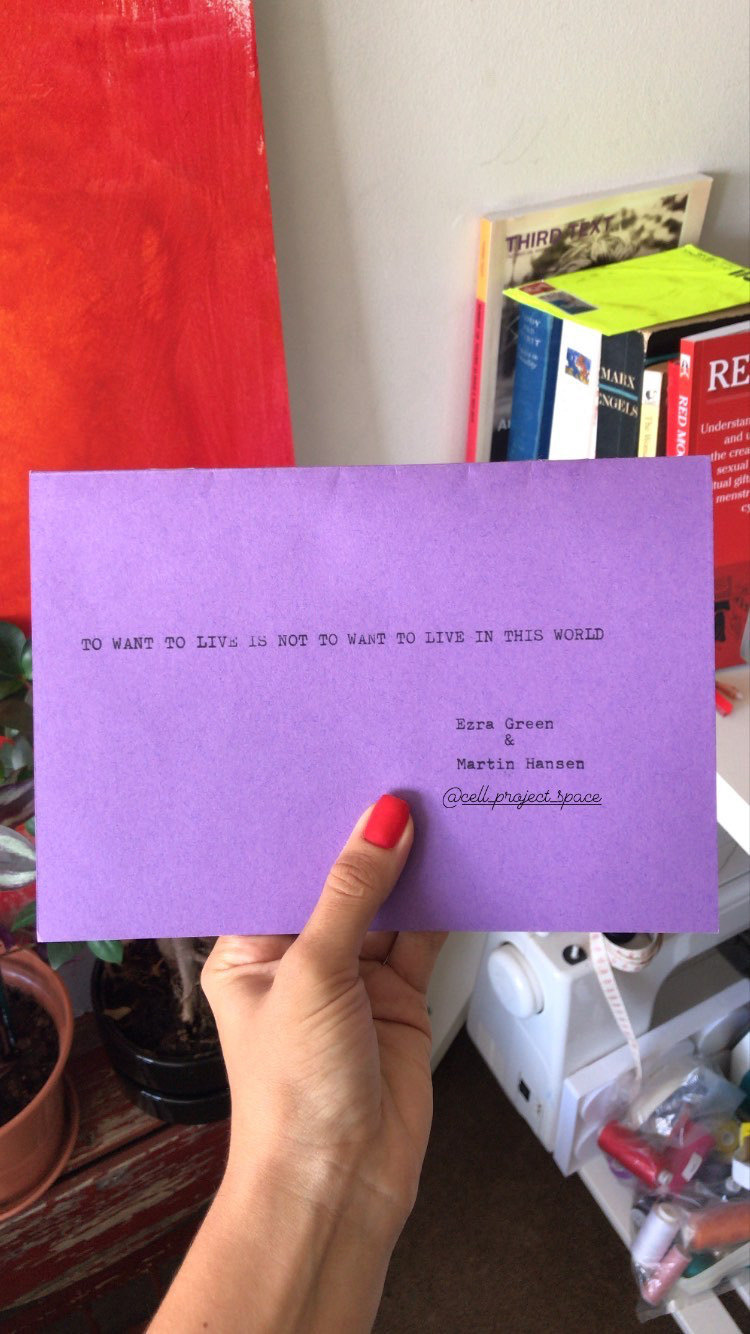 Ezra Green & Martin Hansen, Queer Correspondence #3, 2020, Cell Project Space. Image submitted by Catalina Rosner, from London, UK.