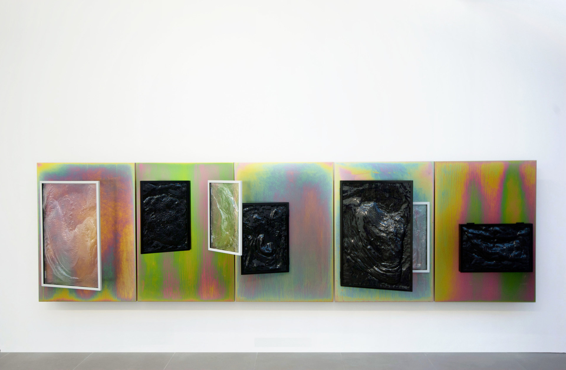 Nicolas Deshayes, Salts, 2012, 5 panels 100 x 70 cm each, steel panels, vacuum formed plastic in aluminum frames, Cell Project Space