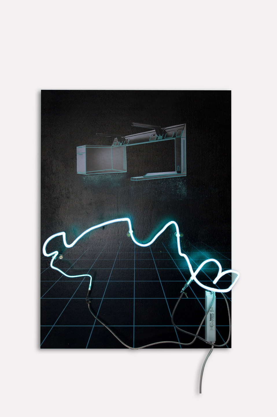 Florian Auer, Not Yet Titled (desk), 2013, print on black board, paper, chalk, neon, transformer, (80 x 59 x 13 cm)