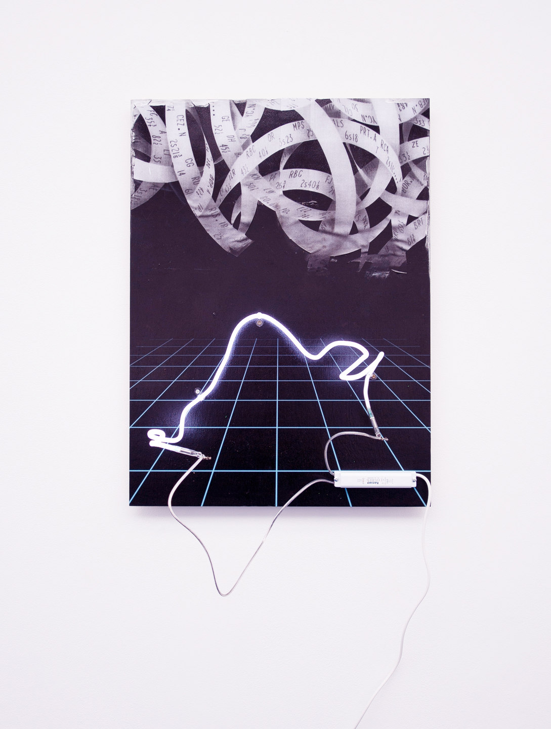 Florian Auer, Not Yet Titled (Ticker Tape), 2013, print on black board, paper, airbrushed paint, neon, transformer, (80 x 59 x 23 cm)