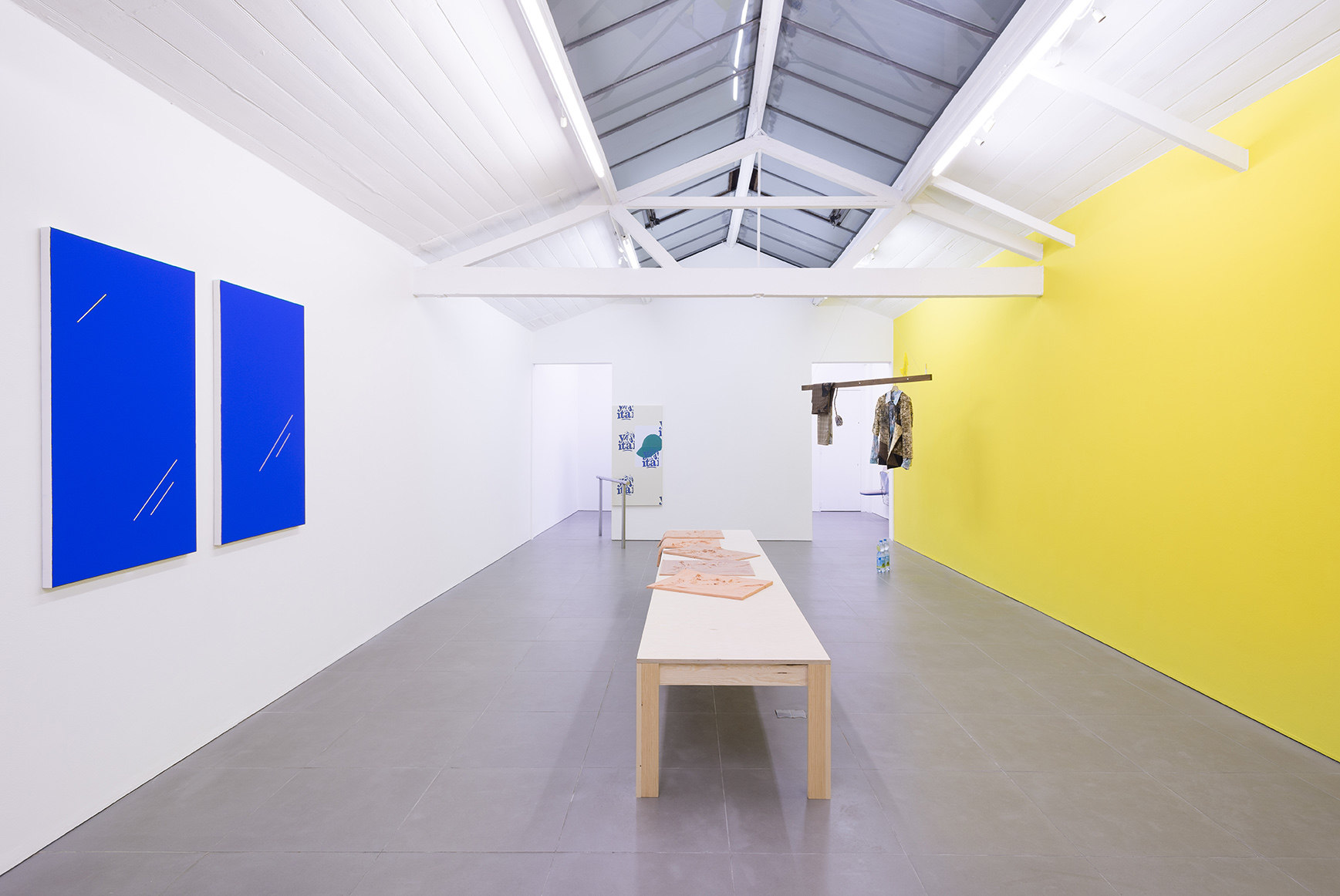 Comrades Of Time, installation view, 2013 from left: Paul Cowan, Bryan Dooley, Nikolas Gambaroff, Bas Van Den Hurk, Marlie Mul  Yellow wall: Paul Cowan, Untitled, 2013, Rose oil and latex paint, dimensions variable