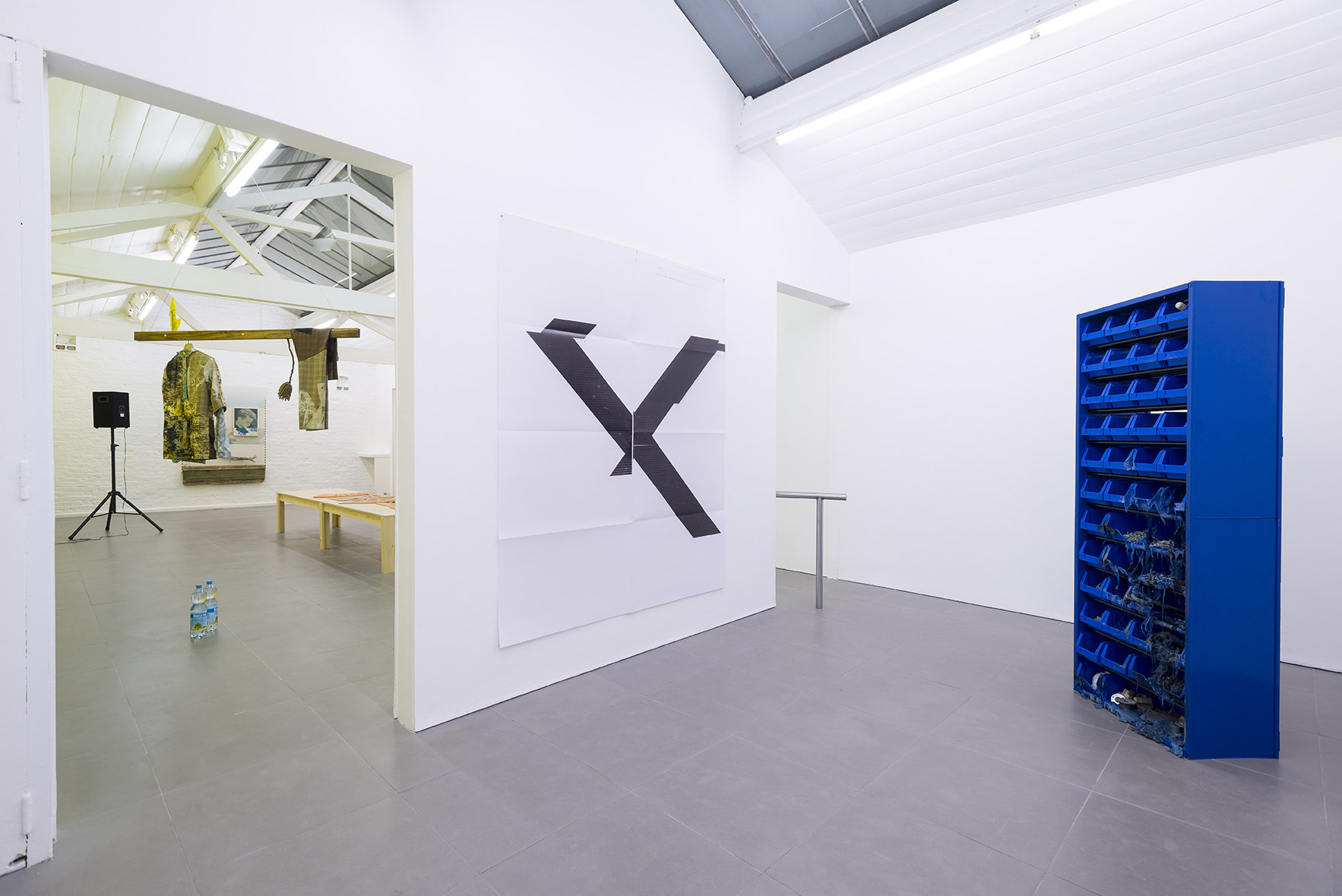 from left: Bas Van Den Hurk, Untitled, 2013, mixed media,  w. 170cm  x l. 55cm x h. variable, Wade Guyton Angled, 2013, Silk screen Print, 61 cm x 92 cm x 1.3 cm, Matias Faldbakken, Parts Cabinet, 2013, metal cabinet, plastic bins, screws, bolts miscellan