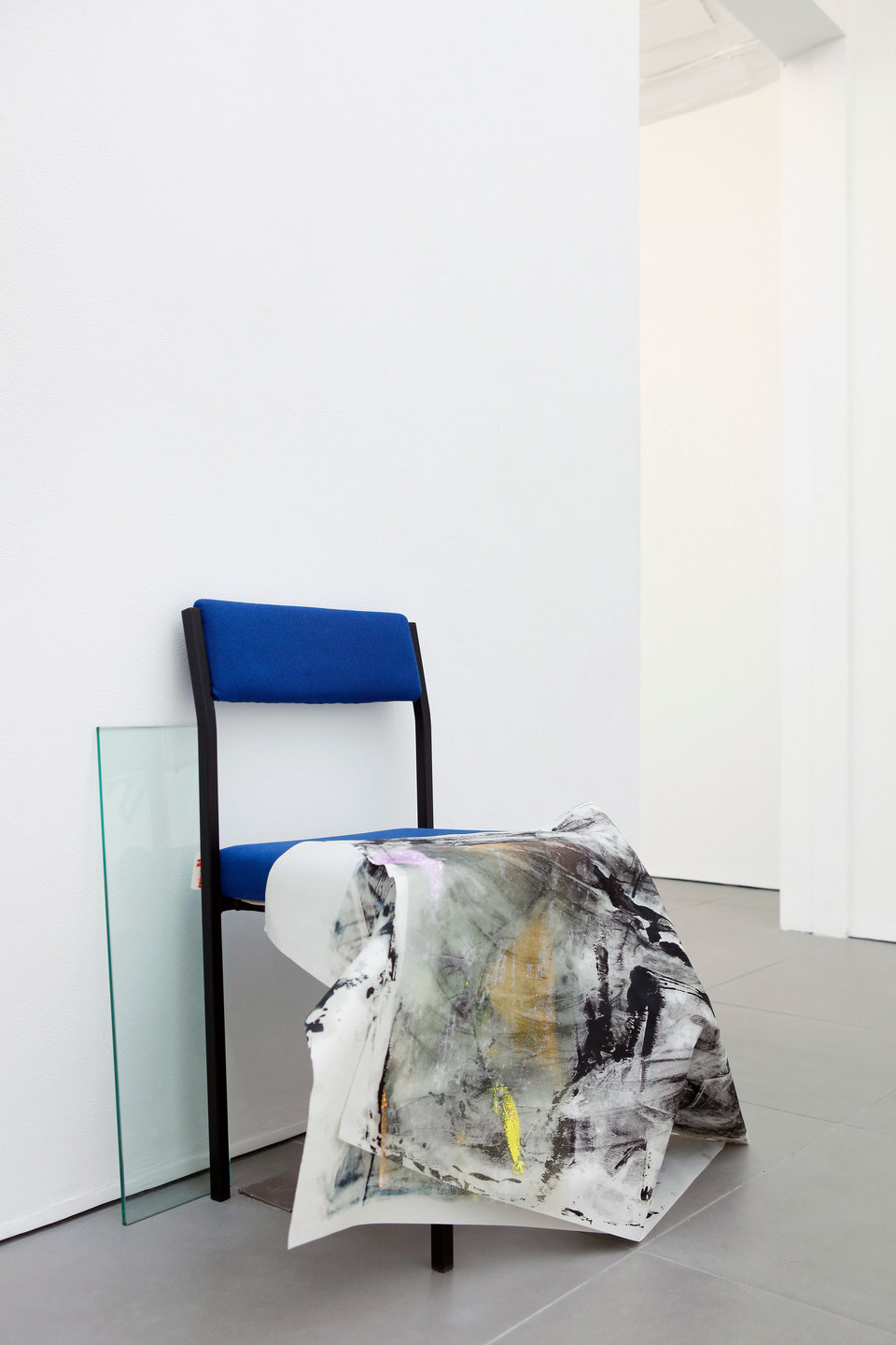 Marianne Spurr, The blue of distance, 2013 (from the series Workstations) Marianne Spurr, The blue of distance, 2013, lino, metal, emergency blanket, waxed cotton, MDF, cable, oil paint on newsprint, wire, ceramic tiles, clay, ink on acetate, plastic tubing, string, acrylic paint mould, blind, chair, acrylic on gauze, glass