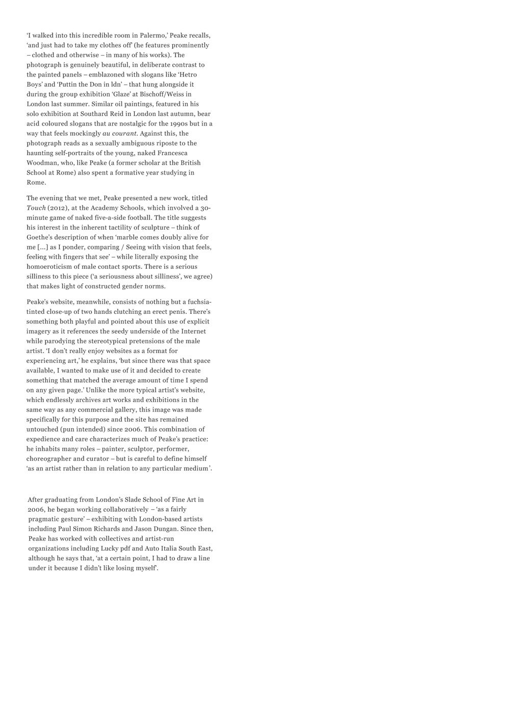 Eddie Peake by  Eleanor Nairne Frieze focus, May 2012