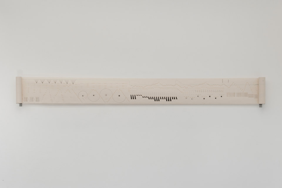 Aura Satz, Visual Score, 2012, 270 x 28.5cm ink drawing on pianola paper, stainless steel, 28.5 x 270 x 14cm, Cell Project Space