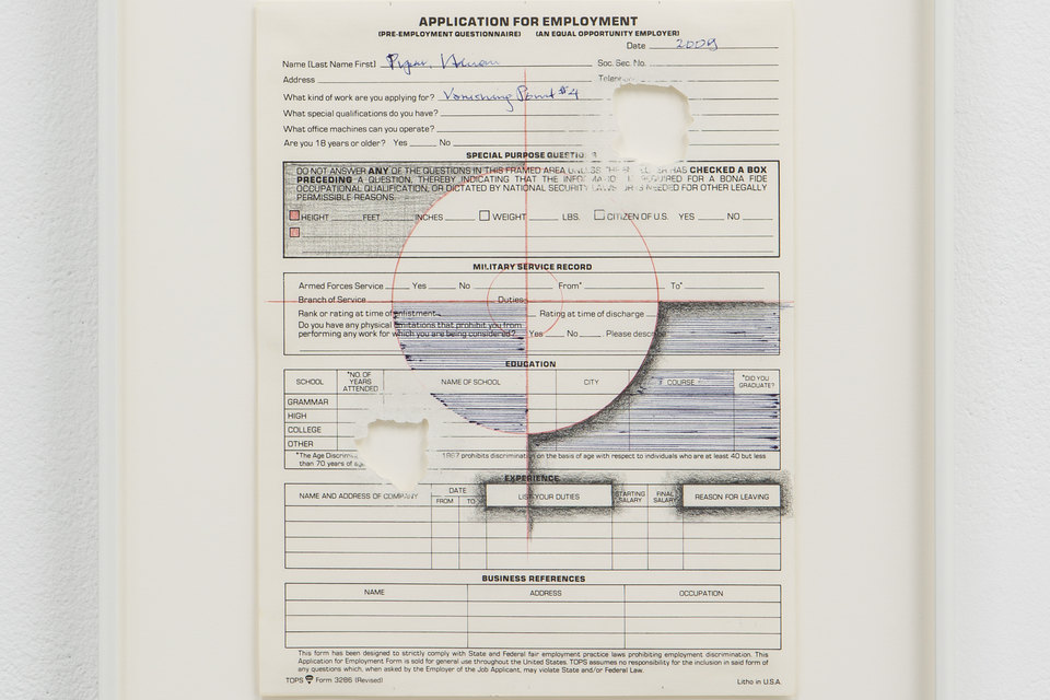 Adrian Piper, 'Vanishing Point #4', 2009, Black and red graphite pencil, blue graphite pencil on application for employment form, sanded with sandpaper, 27.9 x 21.6cm, Civic Duty, 2019, Cell Project Space