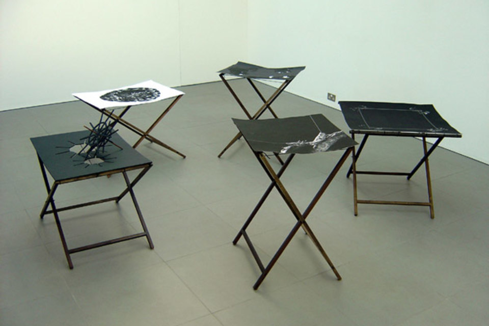 Athanasios Argianas 'Draw A Circle And Follow It' series: 'White&Black Braid', 'Goth Band Asleep', 'A situation that would produce an erratic but consistent bi-directorial rotation', 'X/Y Grasshoppers at 90 degrees', 'Model For A Limping Rhythm Sequencer'