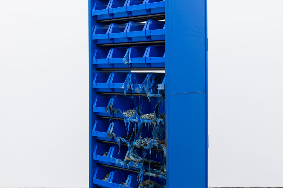 Matias Faldbakken, Parts Cabinet, 2013, metal cabinet, plastic bins, screws, bolts miscellaneous, 200 x 70.5 x 37cm, Cell Project Space