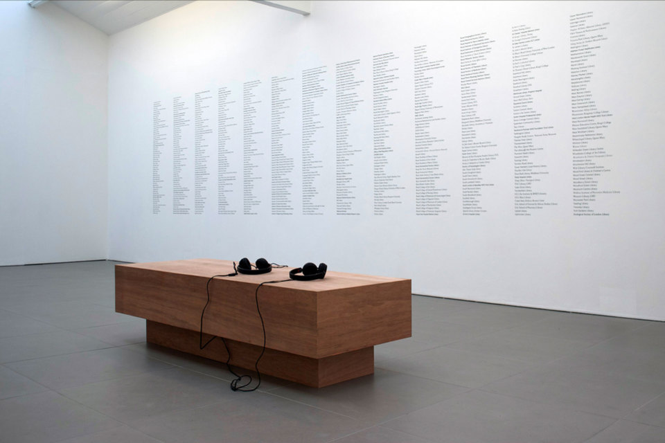 Ruth Beale, Now from Now, 2011 Ruth Beale, Now from Now, 2011, plywood, foam, fabric, headphones, audio on mp3, duration 9 min., library books from a selection of public libraries in london (58 x 160 cm), Cell Project Space