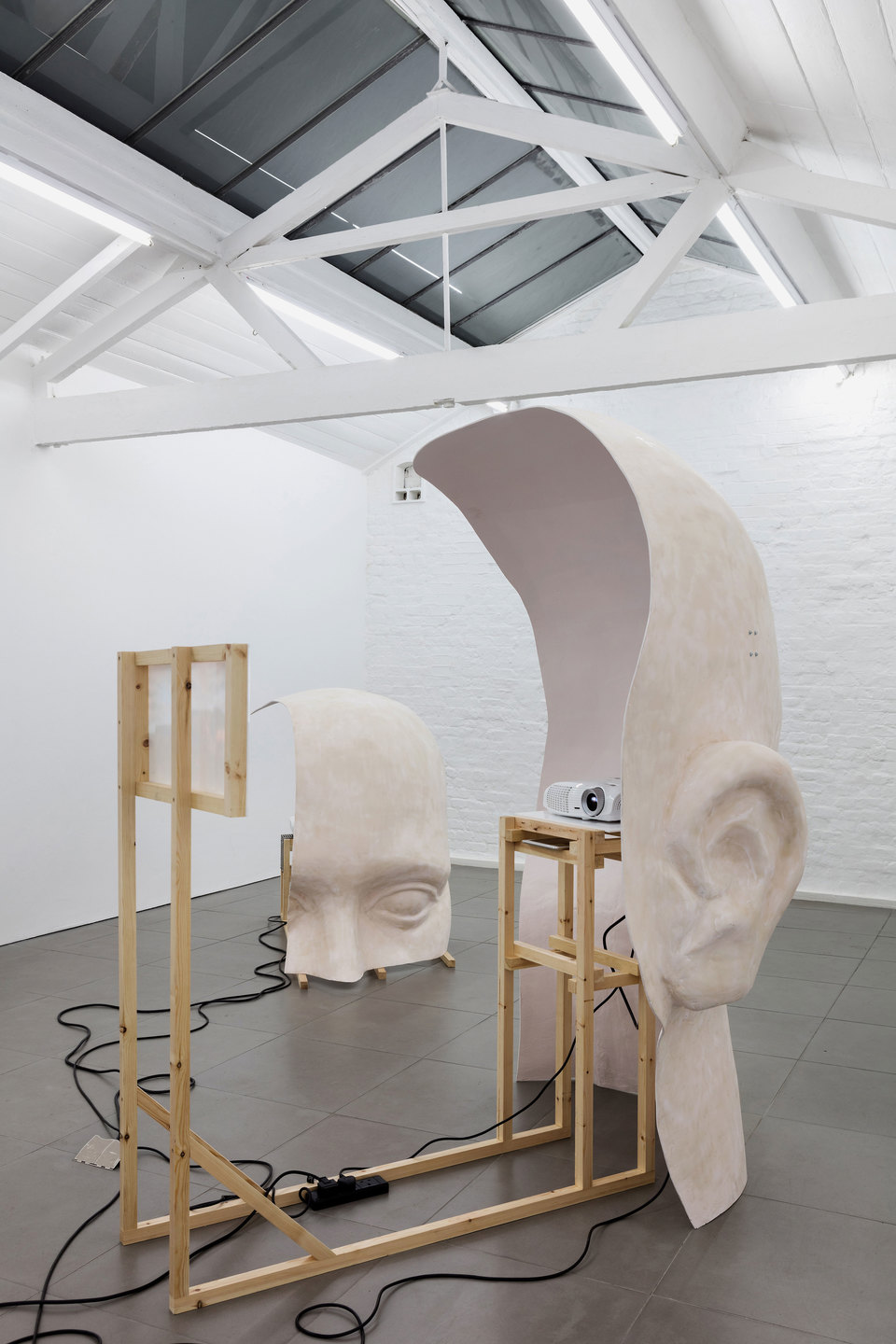 Anne de Vries, Submission, 2015, fibre glass resin, wood, perspex, metal, live stream webcams, four channel audio track: 16 mins 25 secs, dimensions variable. Cell Project Space