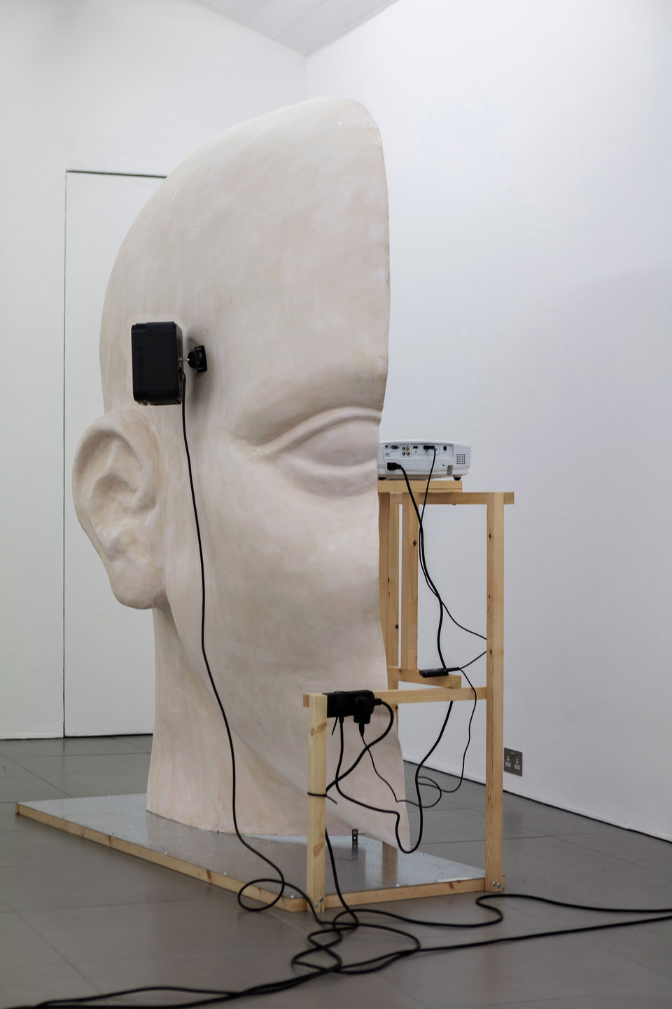 Anne de Vries, Submission, 2015, fibre glass resin, wood, perspex, metal, live stream webcams, four channel audio track: 16 mins 25 secs, dimensions variable. Cell Project Space