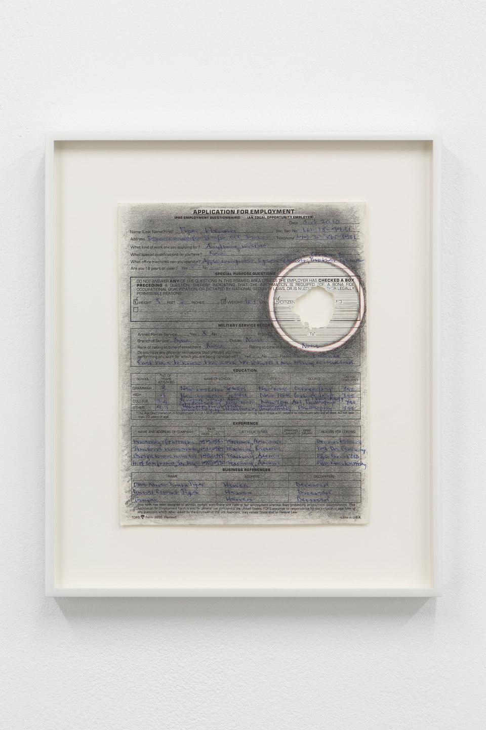 Adrian Piper, 'Vanishing Point #5', 2009, Ball-pen, red ball-point pen, black graphite pencil on application for employment form, sanded with sandpaper, 27.9 x 21.6cm, Civic Duty, 2019, Cell Project Space