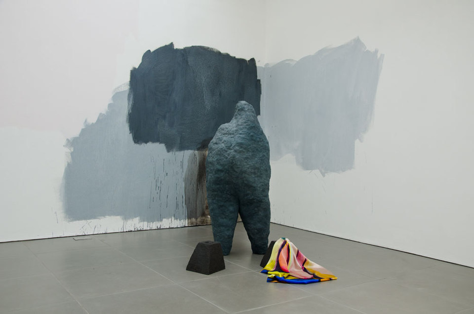 Penumbra, 2014, Celia Hempton, digital print on silk satin, 60 x 72 cm, acrylic paint on wall. Katie Cuddon, dimensions variable ceramic, 125 x 27 x 32 cm, ceramic wax (2x) 21 x 19 x 19 cm, Cell Project Space 