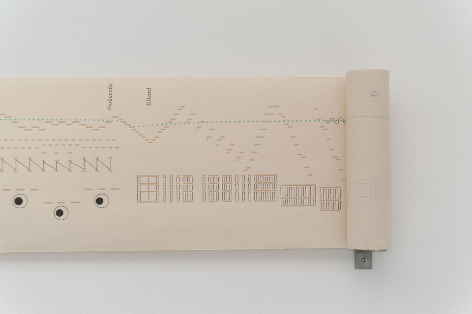 Aura Satz, Visual Score, 2012, 270 x 28.5cm ink drawing on pianola paper, stainless steel, 28.5 x 270 x 14cm, Cell Project Space