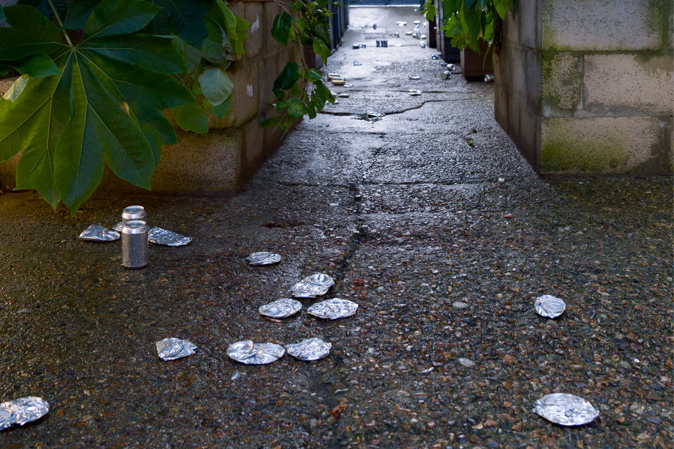 Elizabeth Wright, Corridor Cans, 2026, dimensions variable, Teatro Grottesco presents Elizabeth Wright at Cell Project Space, 2026