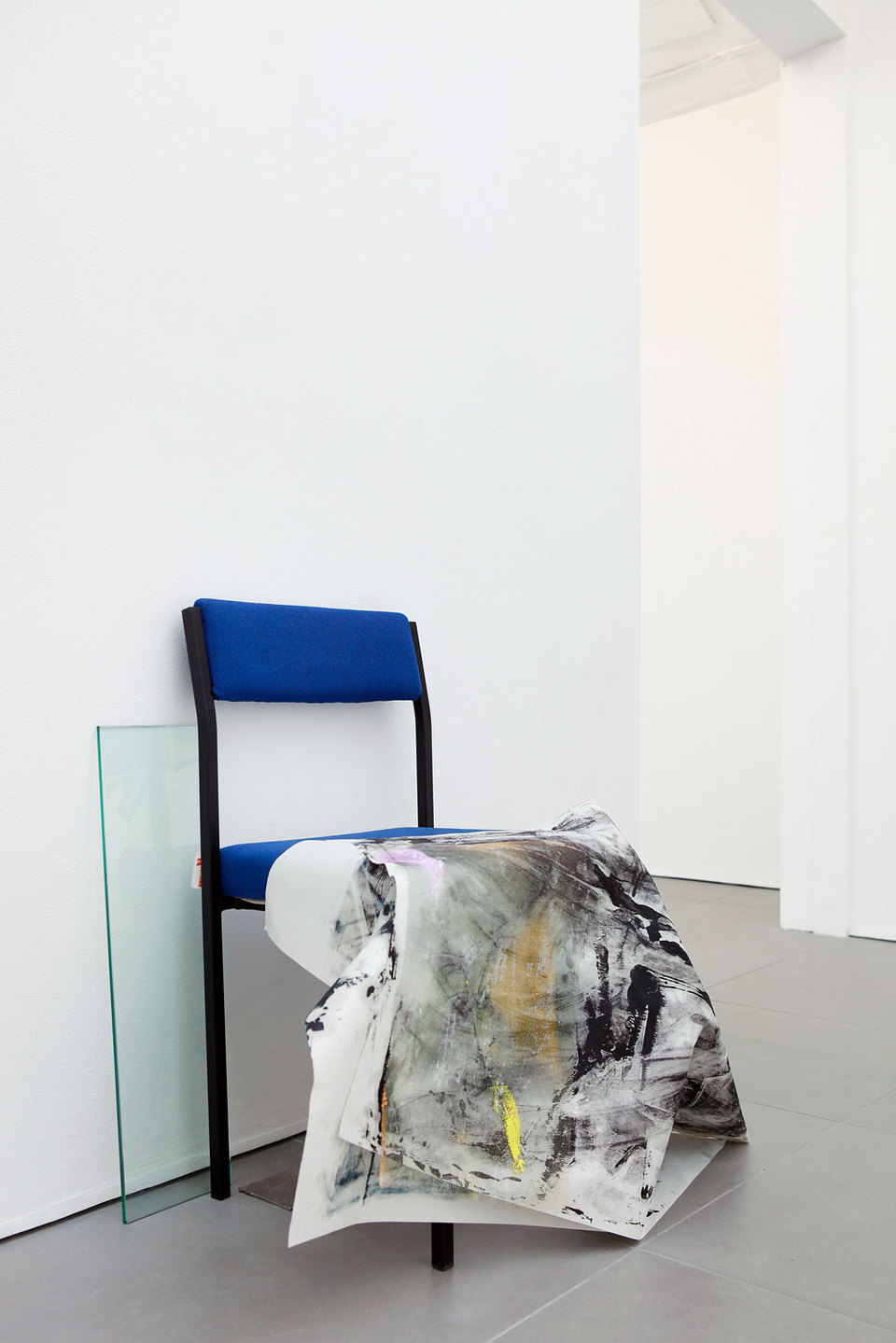 Marianne Spurr, The blue of distance, 2013 (from the series Workstations), lino, metal, emergency blanket, waxed cotton, MDF, cable, oil paint on newsprint, wire, ceramic tiles, clay, ink on acetate, plastic tubing, string, acrylic paint mould, blind, cha