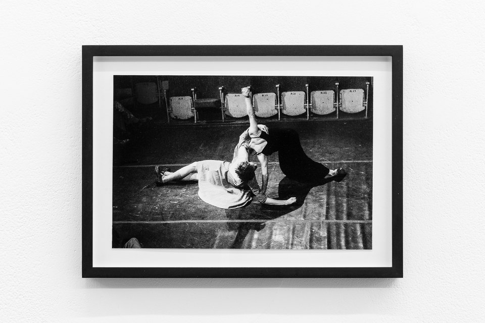 'Manley Struggles', 1978, Fergus Early and Julian Hough, Riverside Studios, Framed c-print, photograph by Geoff White,  35.5cm x 26cm, X6 Dance Space (1976:80): Liberation Notes, 2020, Cell Project Space 