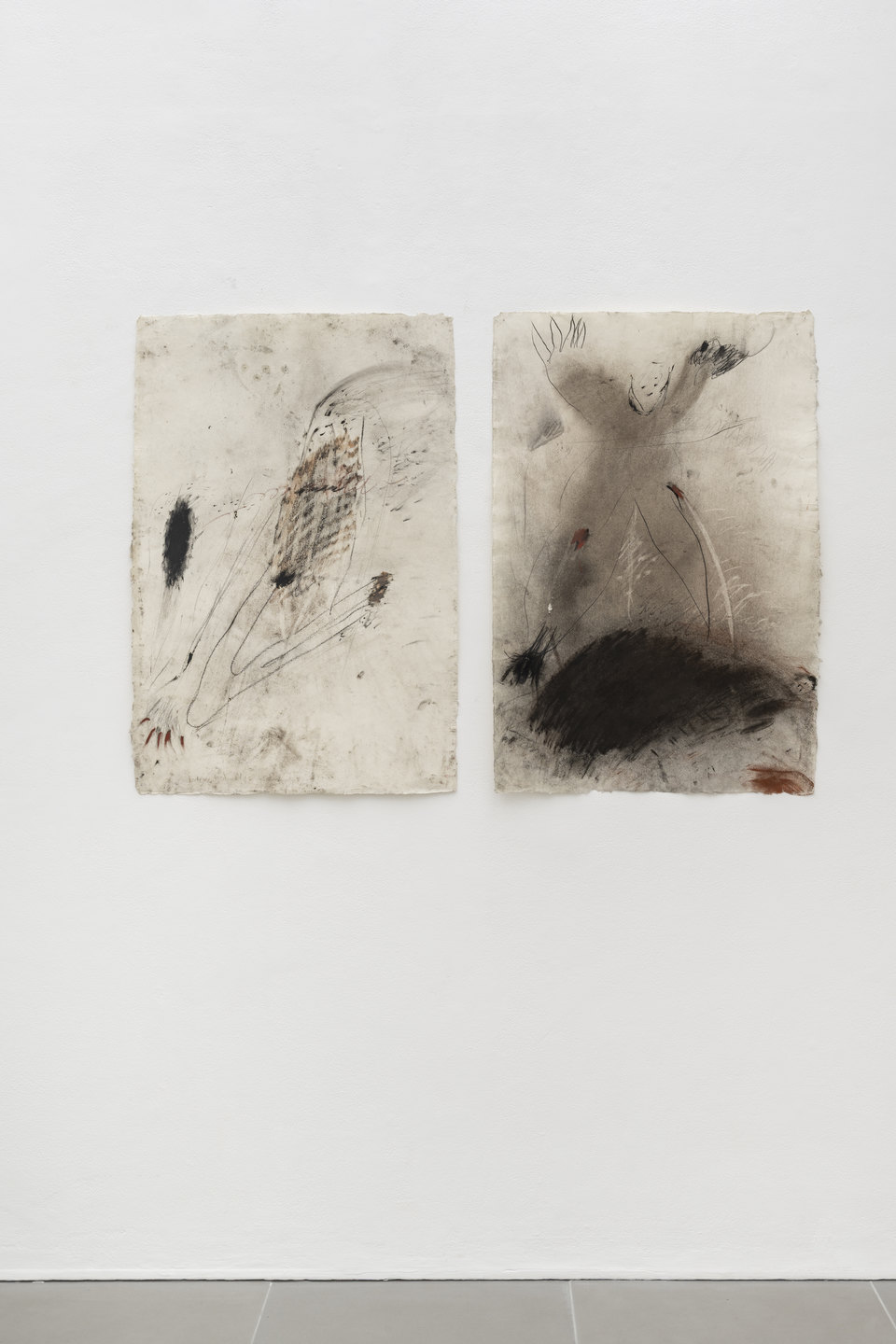 Armineh Negahdari, À genoux parmi les ombres, 2025, 66 x 100 cm and Une autre naissance, 2025, 66 x 100 cm, Cell Project Space, 2026