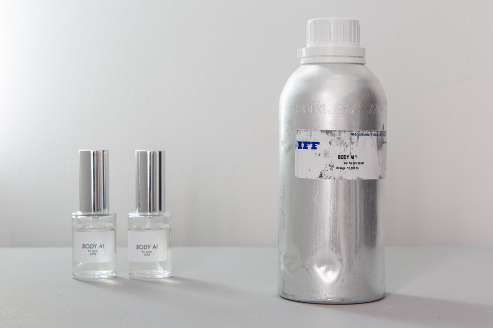 BODY AI, 2017, Installation View  Fragrance (30ml) produced in collaboration with Caroline Dumur from ‘International Flavors and Fragrances Inc’. Edition of 10
