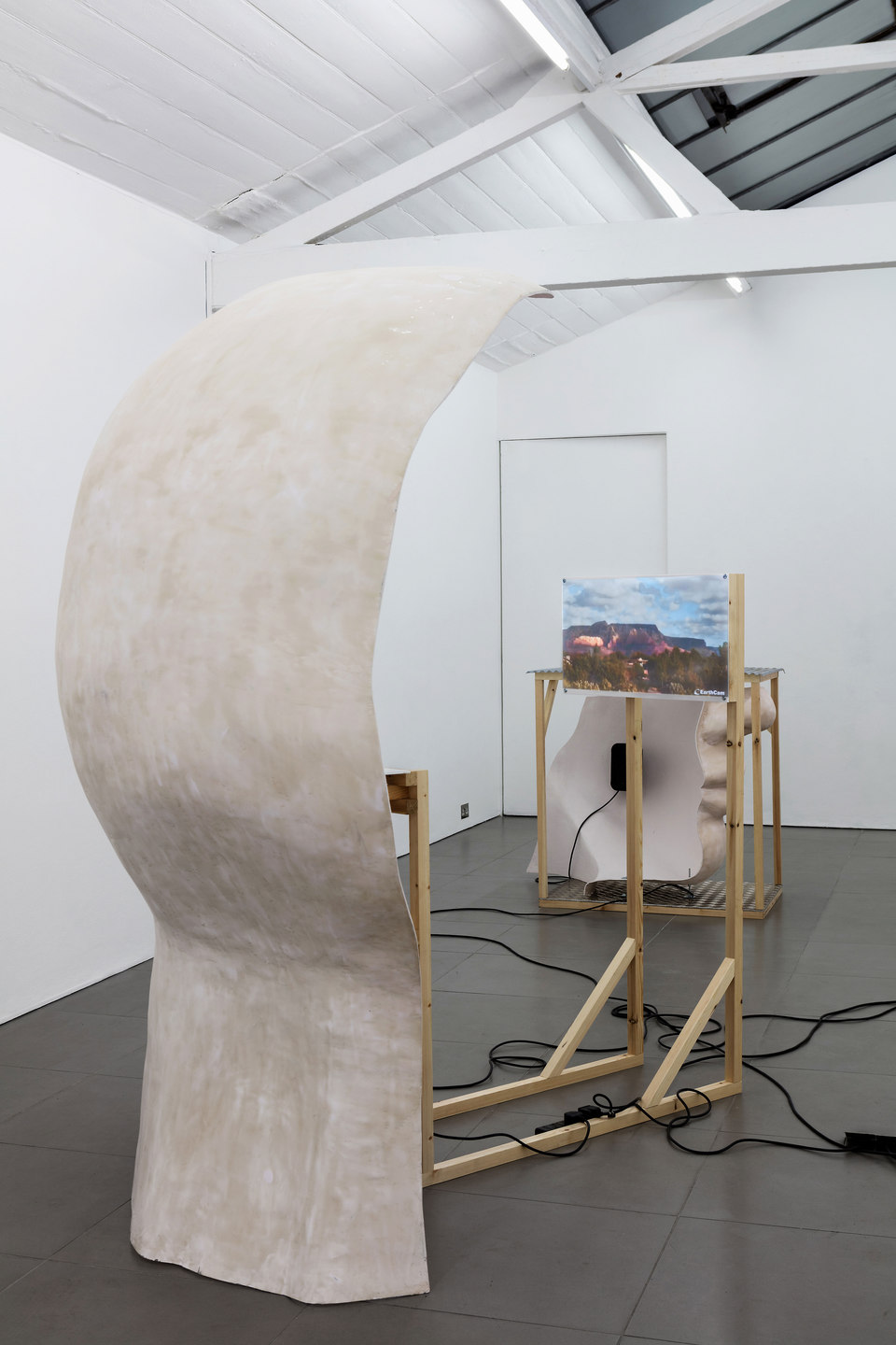 Anne de Vries, Submission, 2015, fibre glass resin, wood, perspex, metal, live stream webcams, four channel audio track: 16 mins 25 secs, dimensions variable. Cell Project Space