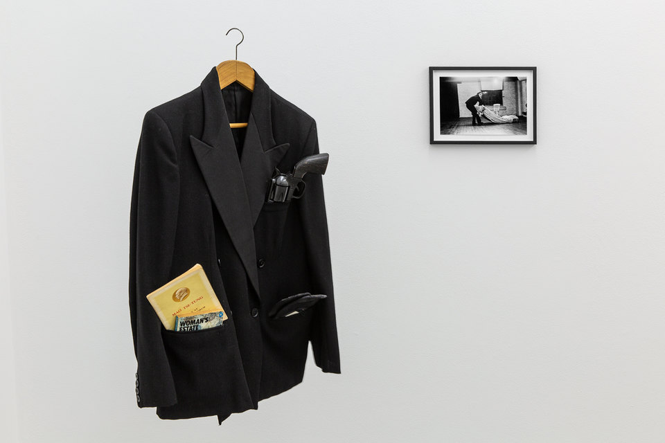 X6 Dance Space (1976-80): Liberation Notes, 'Dance Object revisited', 2020 [1977], Jacky Lansley, evening jacket, plastic gun, ballet shoes, books; 'Dance Object', 1977, Jacky Lansley, photograph by Geoff White, Cell Project Space, 2020