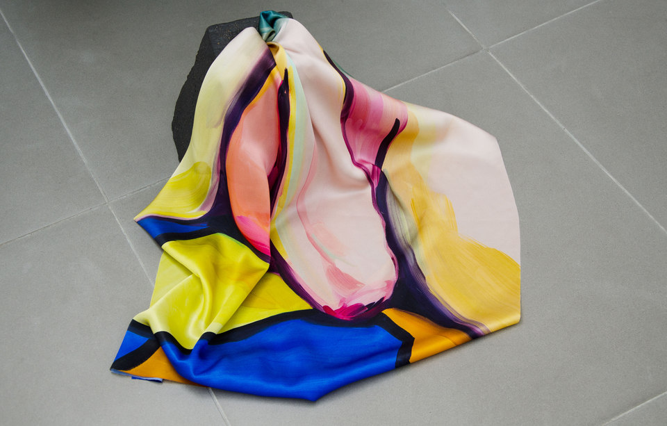 Penumbra, 2014, detail, Celia Hempton, digital print on silk satin, 60 x 72 cm, acrylic paint on wall. Katie Cuddon, dimensions variable ceramic, 125 x 27 x 32 cm, ceramic wax (2x) 21 x 19 x 19 cm, Cell Project Space