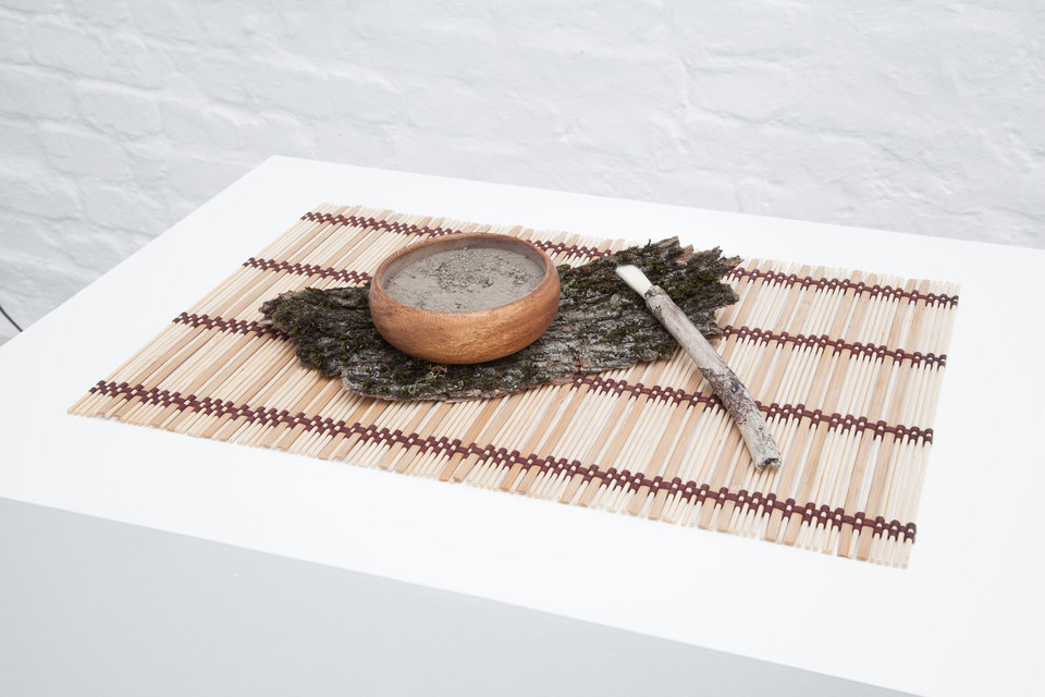 Andreas Ervik, SANKE LEIRE, 2015, clay, wooden bowl, brush, tantami mat, Cell Project Space