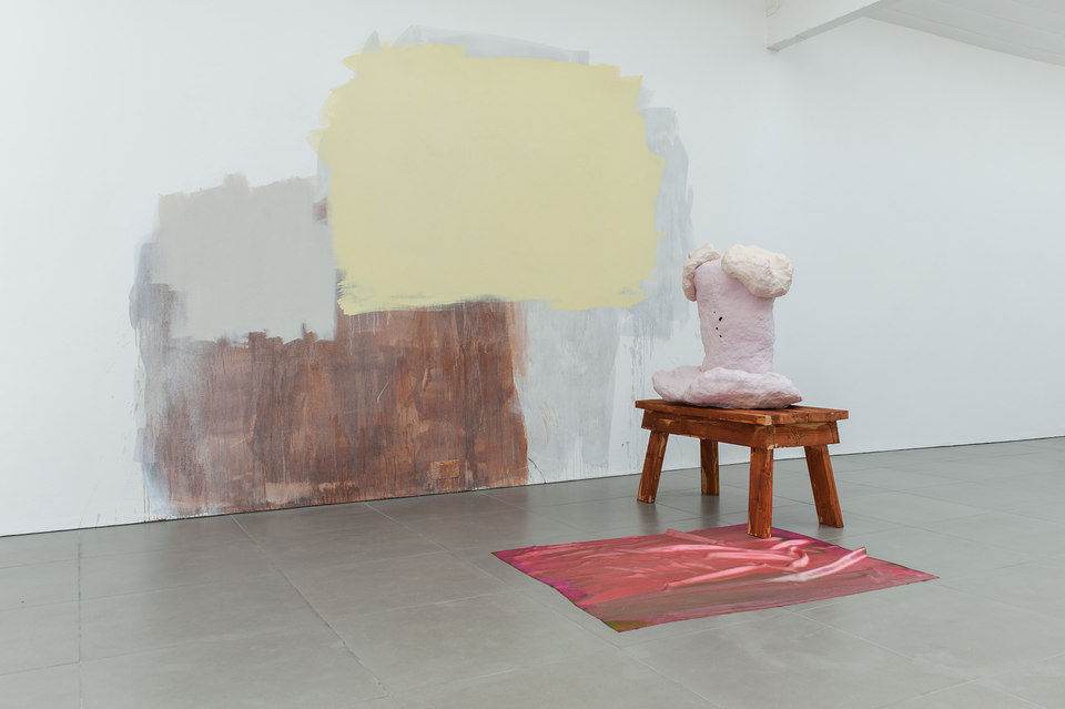 Exhibition, 2014, Celia Hempton, digital print on silk satin, 60 x 72 cm, acrylic paint on wall, Katie Cuddon, painted ceramic, painted wood, 100 x 123 x 54 cm, Cell Project Space