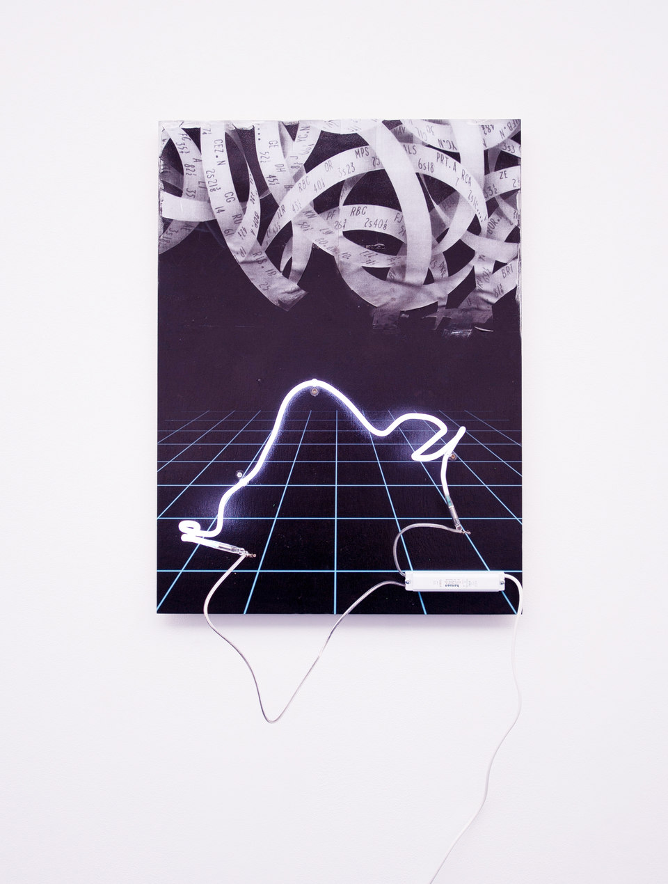 Florian Auer, Not Yet Titled (Ticker Tape), 2013, print on black board, paper, airbrushed paint, neon, transformer, (80 x 59 x 23 cm)