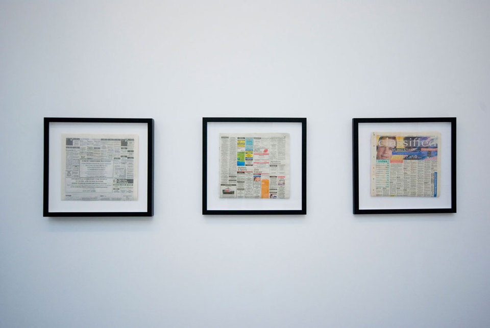 Heather and Ivan Morison, framed newspaper with text insertion: 'San Francisco Chronicle', 'Evening Sentinel', Hackney Gazette', 2009