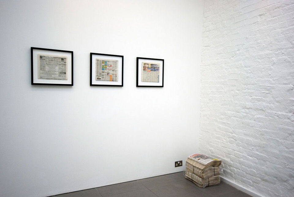 Heather and Ivan Morison, framed newspaper with text insertion:  'San Francisco Chronicle', 'Evening Sentinel', 'Hackney Gazette', 2009