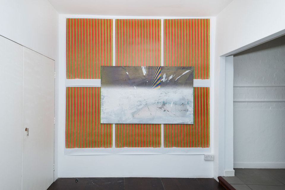 Koen Delaere, Untitled, 2013, Digital UV print, Oil on Canvas, 97cm x 160cm, Wade Guyton, Untitled, 2012, digital litho print edition 8/100  84cm x 118cm, Cell Project Space
