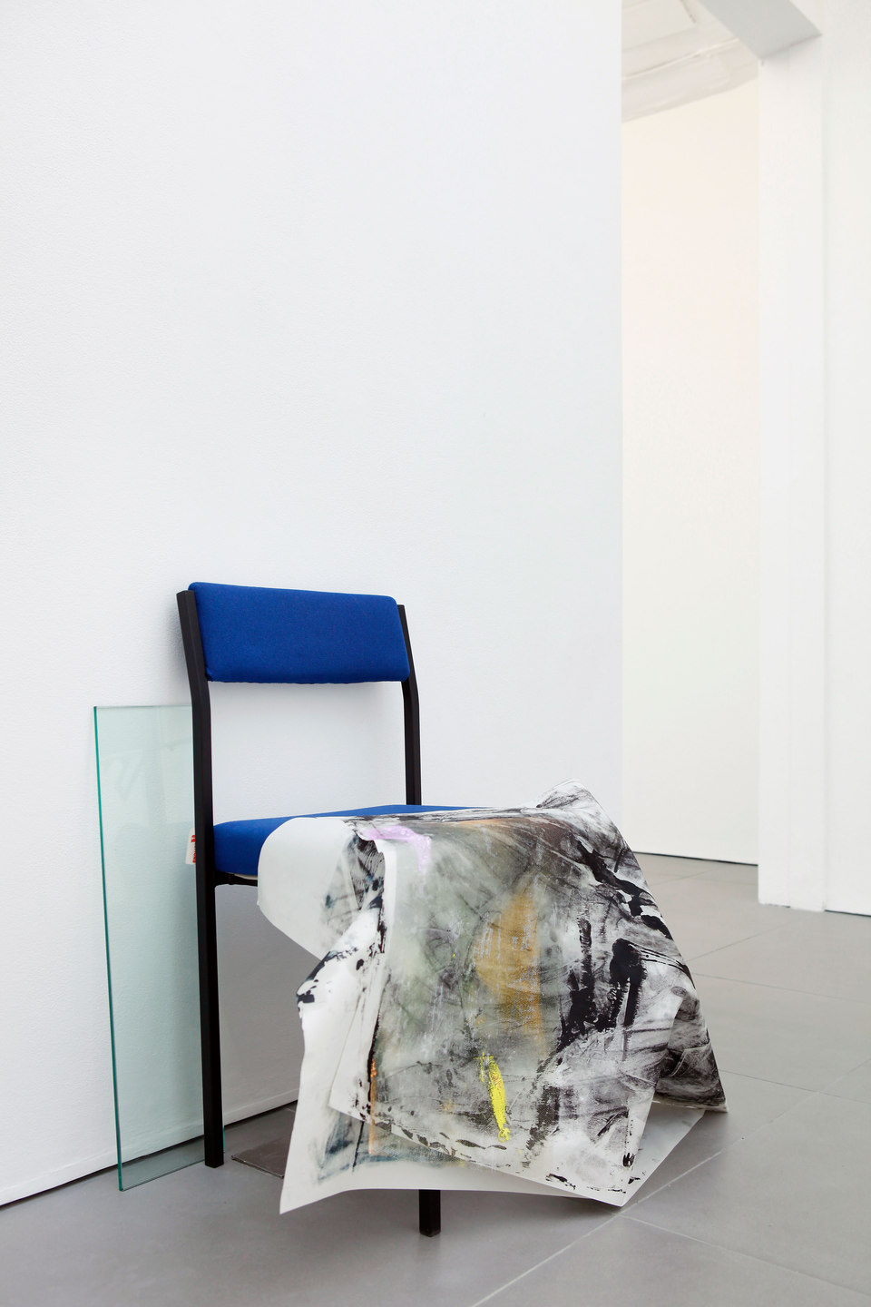 Marianne Spurr, The blue of distance, 2013, lino, metal, emergency blanket, waxed cotton, MDF, cable, oil paint on newsprint, wire, ceramic tiles, clay, ink on acetate, plastic tubing, string, acrylic paint mould, blind, chair, acrylic on gauze, glass
